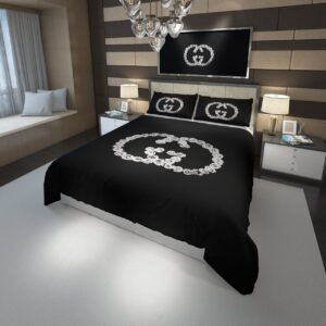 Luxury GC White Flower Logo In Black Background Bedding Set