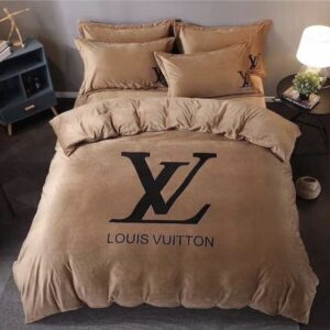 Louis Vuitton Basic Logo In Brown Background Bedding Set Queen