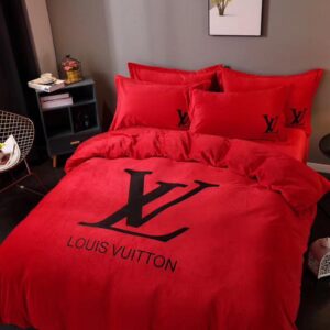 Louis Vuitton Basic Logo In Red Background Bedding Set Queen