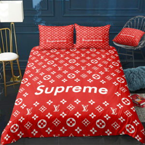 Luxury Louis Vuitton x Supreme Red Monogram Print Bedding Set