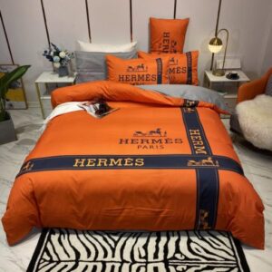 Orange And Dark Blue Hermes Bedding Set