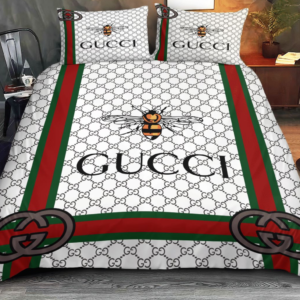 Gucci Bee In Monogram King White Background Bedding Set 2