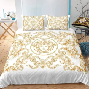 Gold Flower Versace In White Background Bedding Set