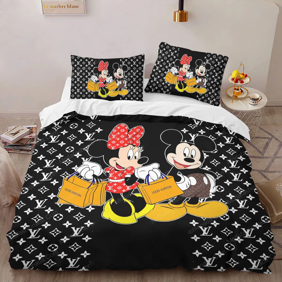 Mickey X Louis Vuitton In Black Background Bedding Set