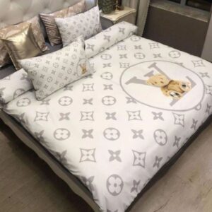Teddy X Grey Monogram Louis Vuitton In White Background Bedding Set