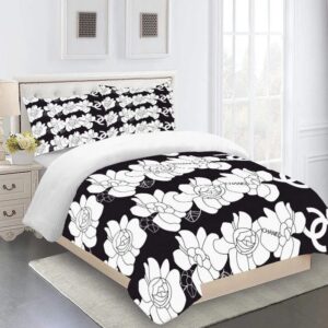 Chanel White Flowers Black Luxury Brand Bedding Set LVT00051
