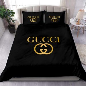 Gucci Golden Logo In Black Background Bedding Set