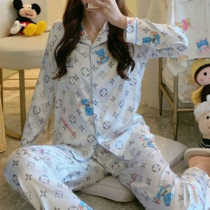 LOUIS VUITTON IVORY TEDDY BEAR LONG SLEEVE SATIN PJ SET