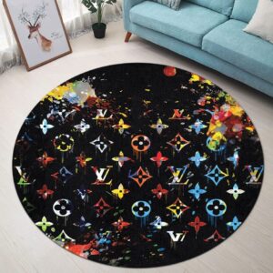 Louis Vuitton Colorful Black Luxury Brand Fashion Round Rug Carpet Home Decor Special Gift LVT00439