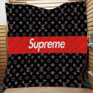 Louis Vuitton Supreme Black Logo Luxury Brand Premium Quilt Blanket Fleece Home Decor LVT00117