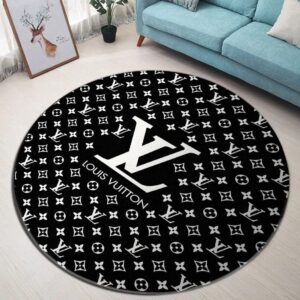 Louis Vuitton White Logo Black Luxury Brand Fashion Round Rug Carpet Home Decor Special Gift LVT00406