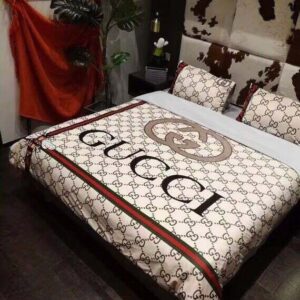 Luxury GC Big Logo In Monogram Background With Vintage Web Bedding Set