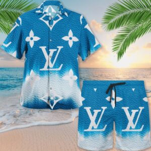LV LV Blue Hawaii Shirt Shorts Set Luxury Beach Clothing Clothes Outfit For Men PEA31462