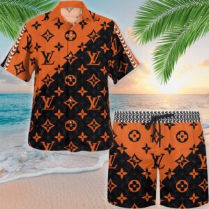 LV LV Orange Hawaii Shirt Shorts Set Luxury Beach Clothing Clothes Outfit For Men PEA31463