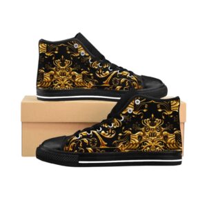 Mens Shoes Fashionable Sneakers Black Gold Ornamental Canvas High Tops Luxury Stylish Asian Royal Flourish Steampunk Classy Art Deco Outfit PEA5027