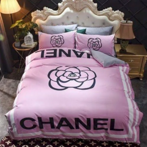 Chanel Black Signature Flower in Pink Background Bedding Set Queen