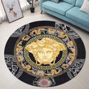 Versace Golden Medusa Pattern Black Luxury Brand Fashion Round Rug Carpet Home Decor LVT00413